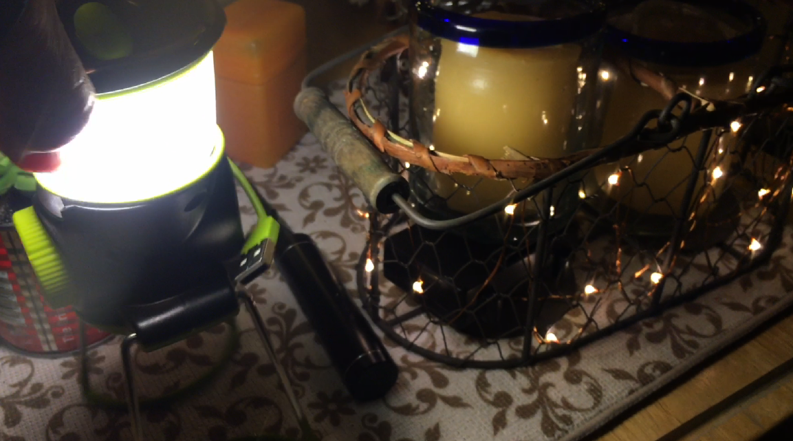 On the left is a USB powered GoalZero lamp that ALSO has a port for charging other USB devices, it has it's own stand, it can be hung by it's own hook or ring, or magnet!! The right is a sample of a lamp used to hold candles inside a chicken coop wire holder I got at Ross. Then I swewed the fairy lights through the unit and placed the power under the candle. This one is battery powered. I'm going to make a cute platform incase the candle gets it hot. The rest of the room is powered by a USB power bank. sold separately. 